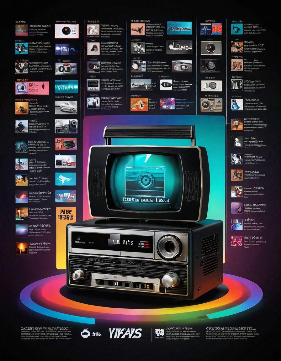 A striking visual timeline showcasing the evolution of adult entertainment, featuring a vintage VHS tape on one side transitioning into a sleek modern streaming device on the other. Include iconic imagery from various eras, like an old-school projector, DVD cover art, and a contemporary smartphone displaying a video on demand interface. The background should blend from retro aesthetics to a modern digital landscape, symbolizing technological progress. vibrant colors. super-realistic.