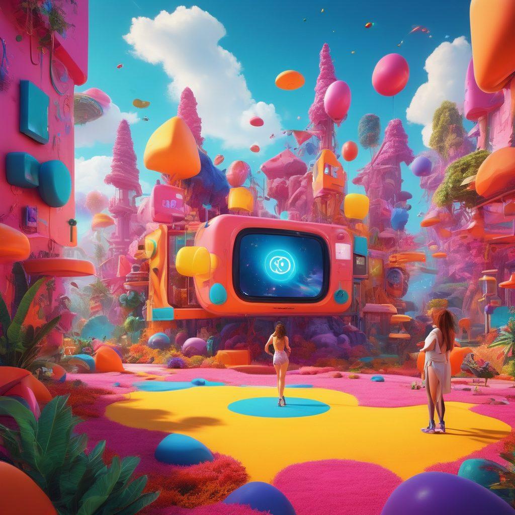 A whimsical digital landscape showcasing various vibrant and interactive adult content icons amidst colorful abstract shapes. Include playful characters exploring this virtual playground, with elements of technology like glowing screens and virtual reality headsets. The scene should evoke curiosity and a sense of adventure, while maintaining a tasteful and artistic representation. super-realistic. vibrant colors. dynamic composition.
